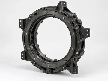 Roller-type slewing ring bearing with visible rolling elements on white background