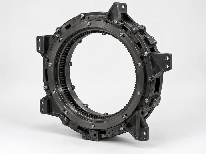 Roller-type slewing ring bearing with visible rolling elements on white background