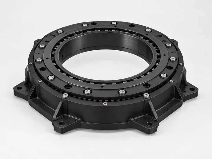 Turret bearing service kit components with ring, hardware and rolling elements on white background
