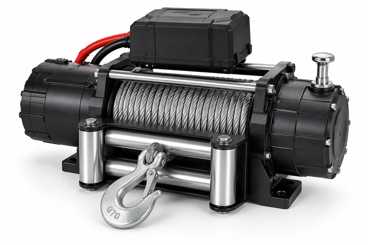 Front-mount electric recovery winch with roller fairlead and hook for specialist vehicles
