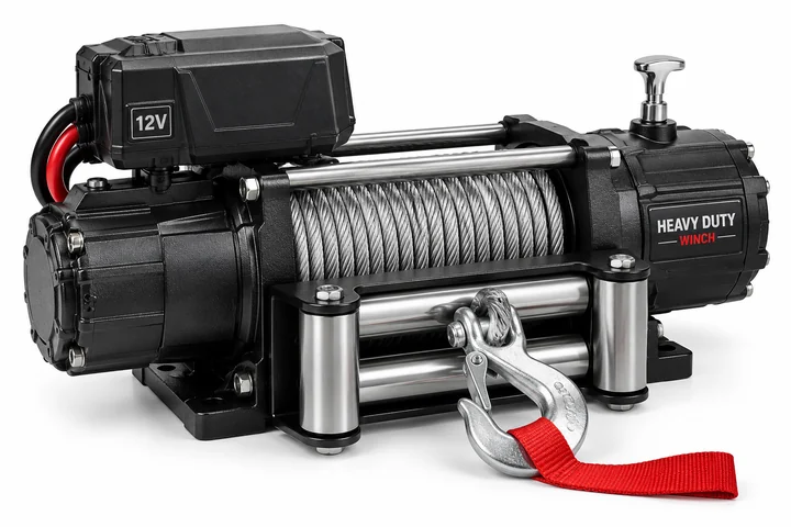 Heavy-duty recovery winch with external control pack roller fairlead and steel wire rope
