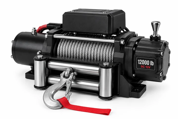 Electric recovery winch with roller fairlead steel wire rope and hook for armored vehicles