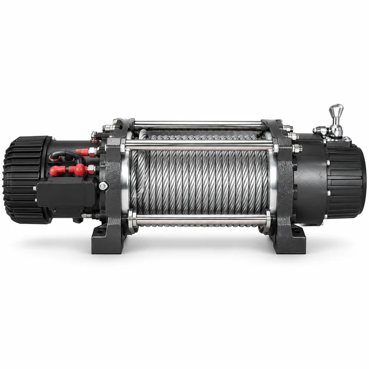 Wide-drum electric recovery winch with steel wire rope for specialist vehicles