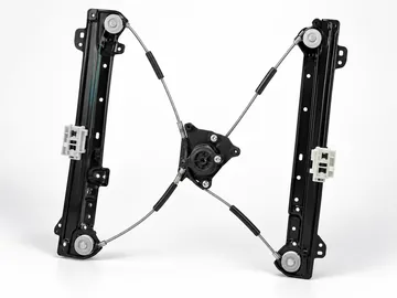 Black dual rail cable window regulator frame with four pulleys and central cable drum on white background