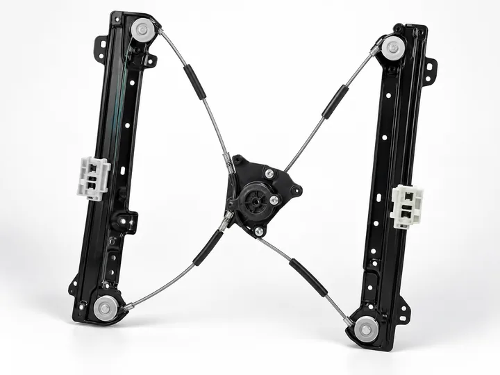Black dual rail cable window regulator frame with four pulleys and central cable drum on white background