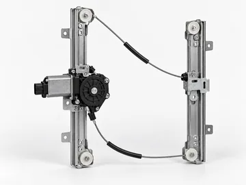 Silver dual rail cable window regulator with electric motor guide pulleys and steel cables on white background