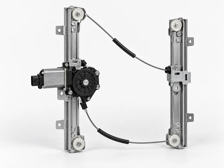 Silver dual rail cable window regulator with electric motor guide pulleys and steel cables on white background