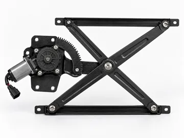 Black electric scissor window regulator assembly with motor sector gear and cross arms on white background
