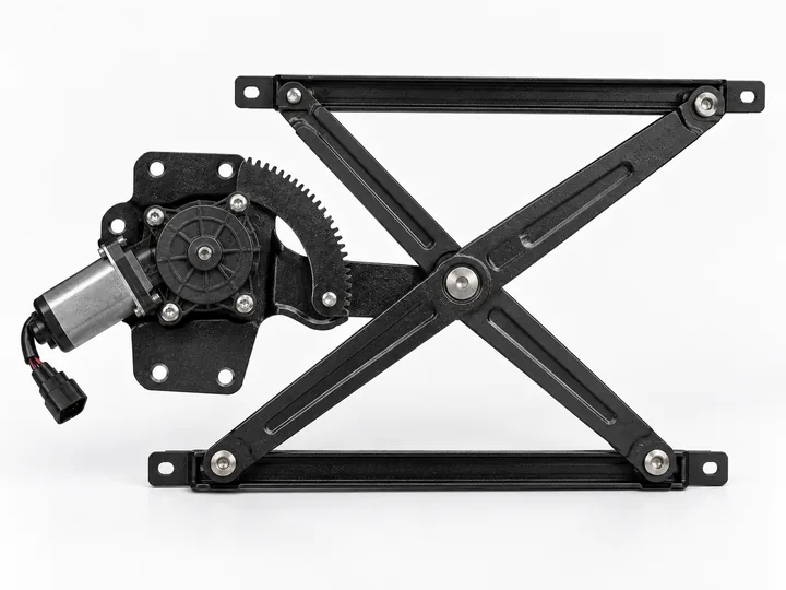 Black electric scissor window regulator assembly with motor sector gear and cross arms on white background