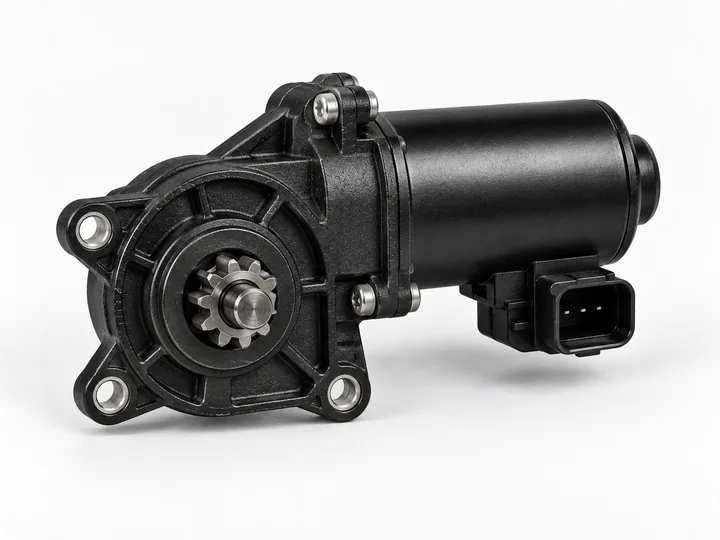 Black heavy duty electric window regulator motor with drive gear and electrical connector on white background
