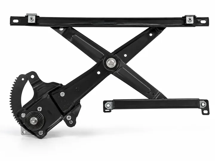 Black manual scissor window regulator mechanism with sector gear and guide rails on white background