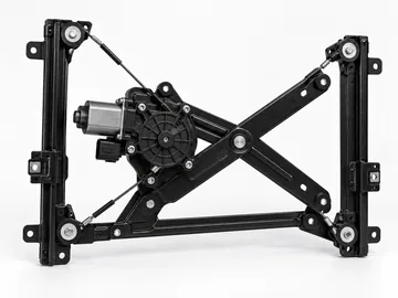 Black reinforced scissor power window regulator with electric motor cables guide rails and cross arms on white background