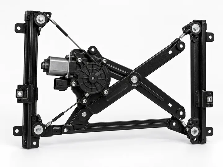 Black reinforced scissor power window regulator with electric motor cables guide rails and cross arms on white background