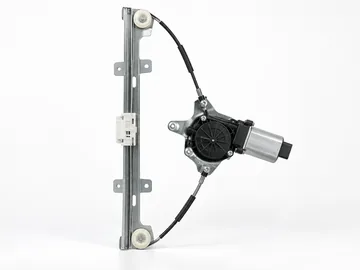 Single rail electric power window regulator with cable drive motor and white guide slider on white background