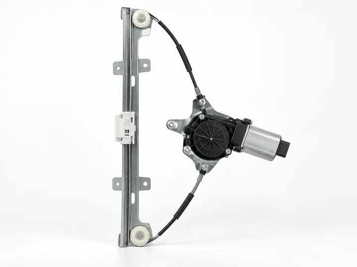 Single rail electric power window regulator with cable drive motor and white guide slider on white background