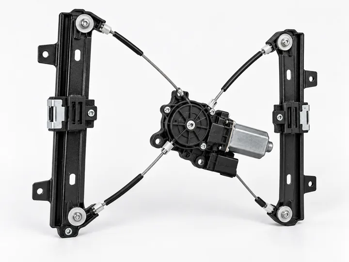 Black twin rail power window regulator assembly with electric motor cables pulleys and glass carrier guides on white background