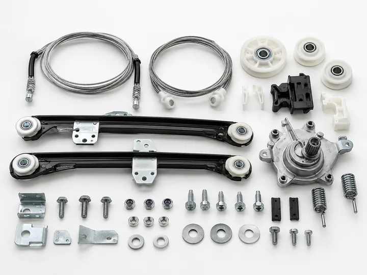 Window regulator repair kit with steel cables pulleys guide rails brackets springs and mounting hardware on white background